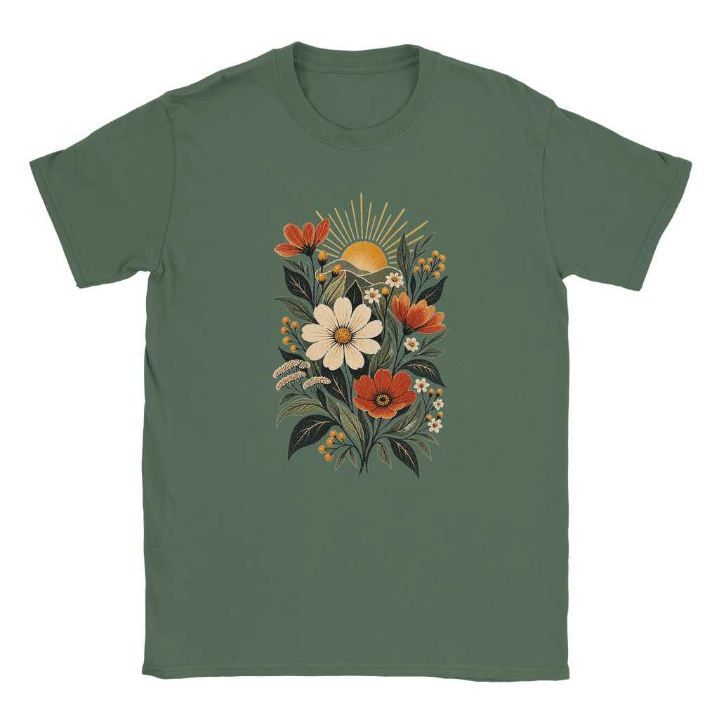 Gelato front mockup of A Brighter Ordinary botanical graphic on the Military Green Gildan 64000 T-shirt
