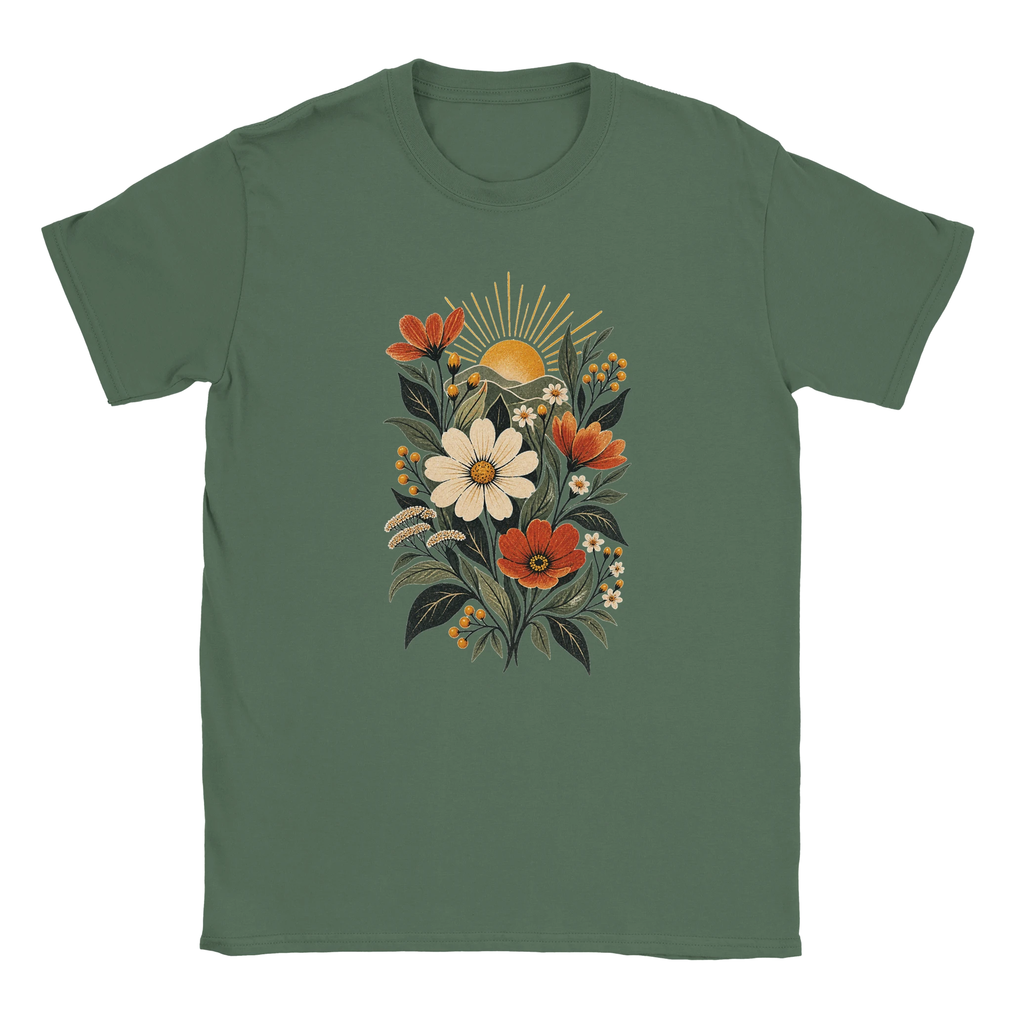 Gelato front mockup of A Brighter Ordinary botanical graphic on the Military Green Gildan 64000 T-shirt