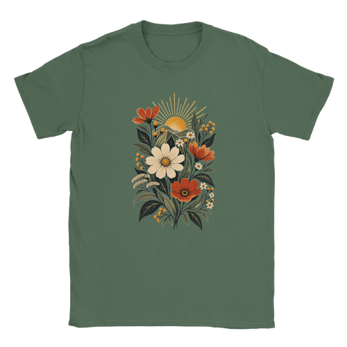 Gelato front mockup of A Brighter Ordinary botanical graphic on the Military Green Gildan 64000 T-shirt