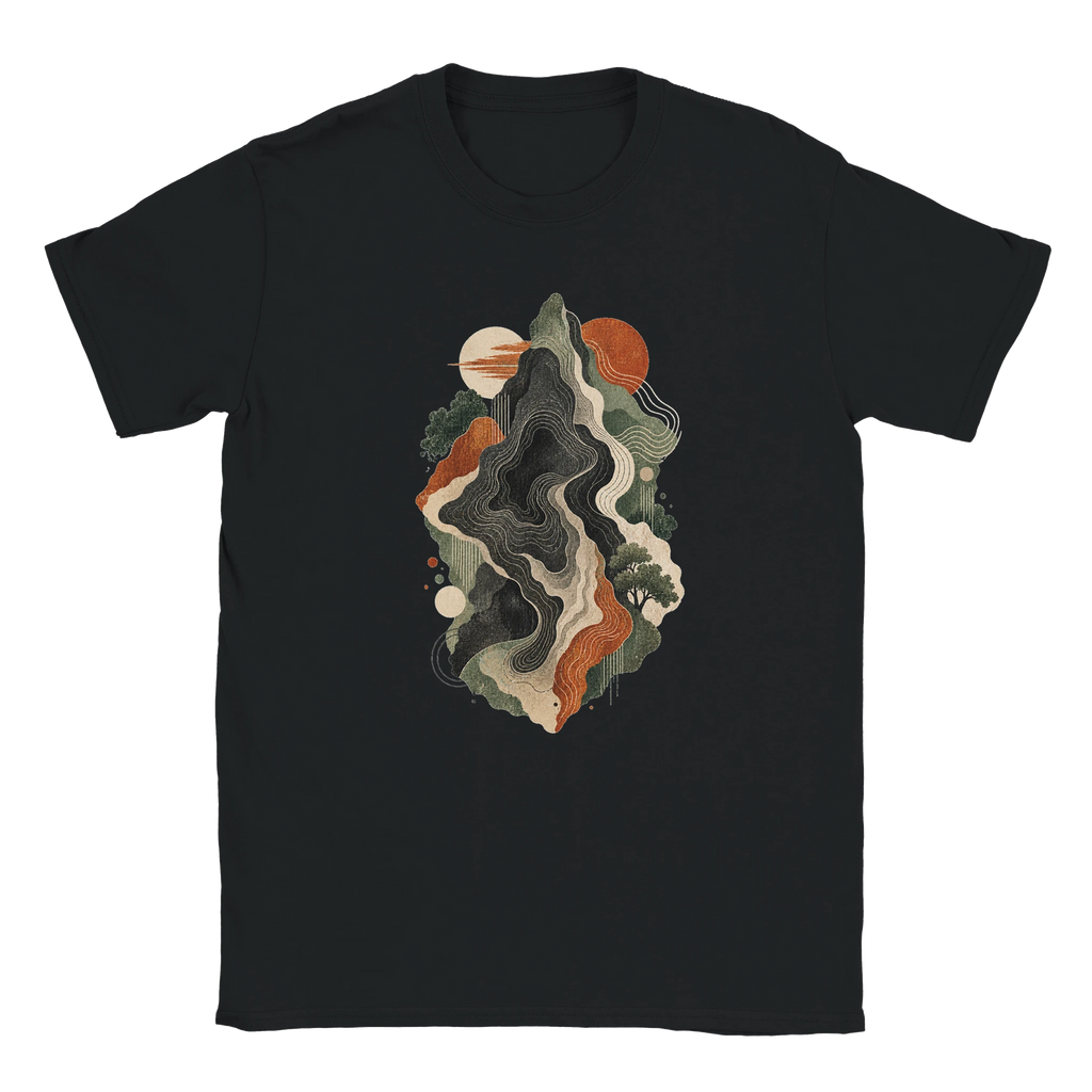 Gelato front mockup of the Contours of Becoming topographic graphic on a black Gildan 64000 T-shirt