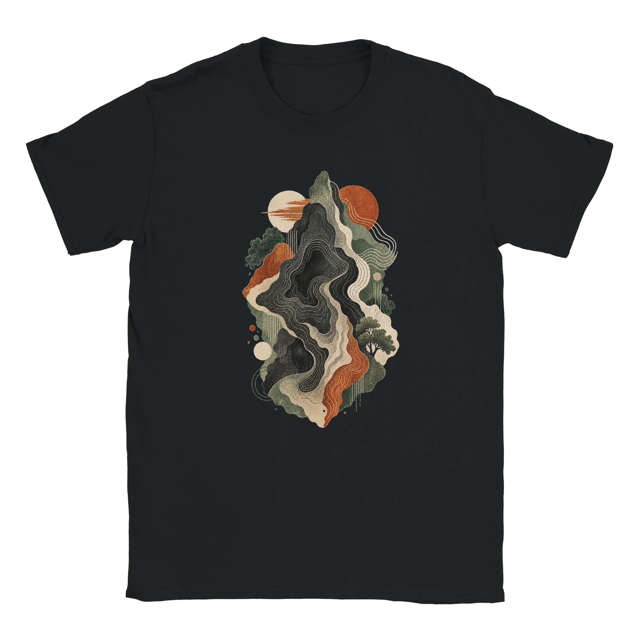 Gelato front mockup of the Contours of Becoming topographic graphic on a black Gildan 64000 T-shirt