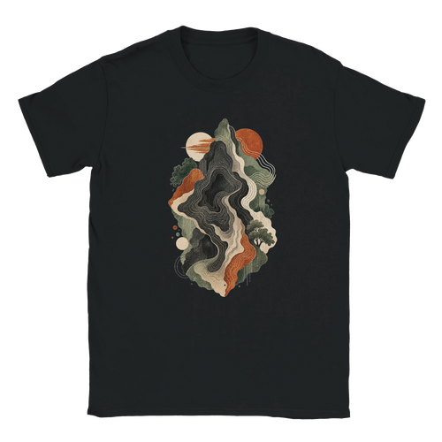 Gelato front mockup of the Contours of Becoming topographic graphic on a black Gildan 64000 T-shirt