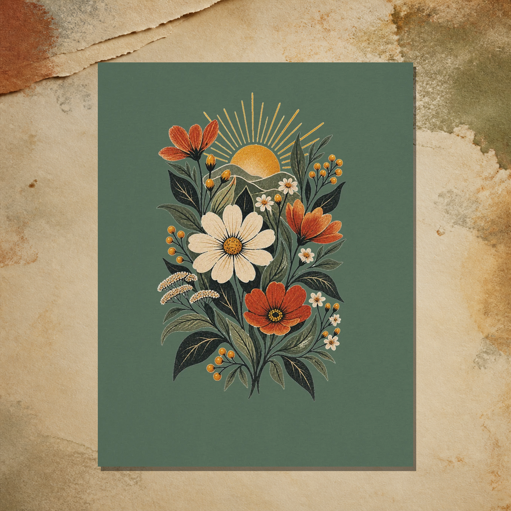 Close print detail of A Brighter Ordinary artwork on military green Gildan 64000