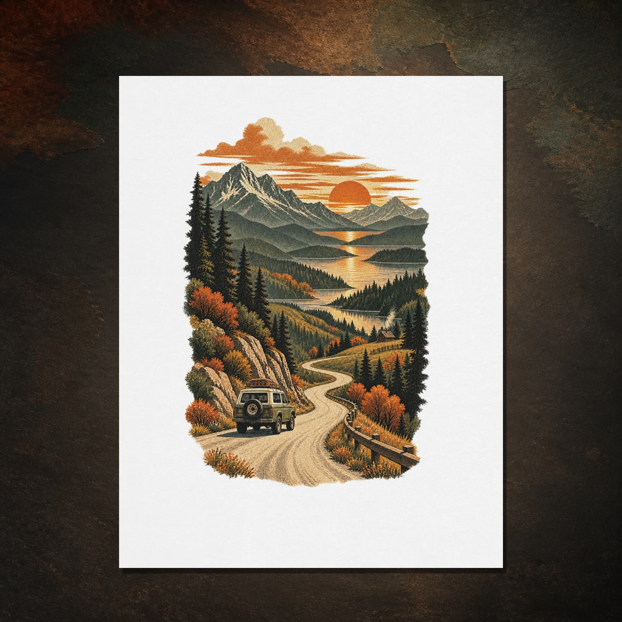 Close print detail of The Long Way Home artwork on sand Gildan 64000